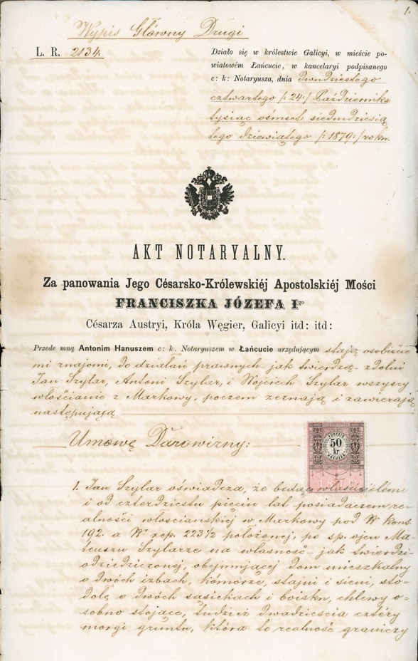 Urzędowy Akt Notarialny z XIX wieku, pisany ręcznie na pożółkłym papierze.