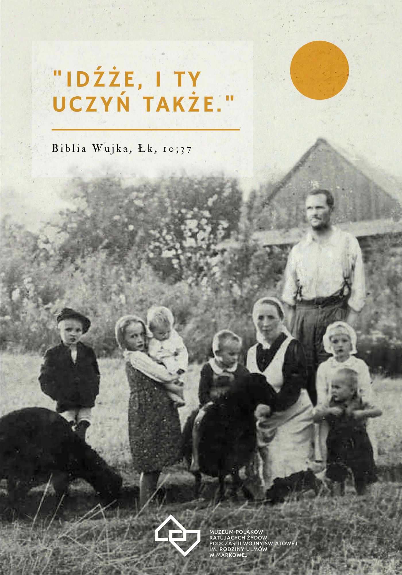 Grafika przedstawiająca bł. Rodzinę Ulmów na tle ich rodzinnego domu.