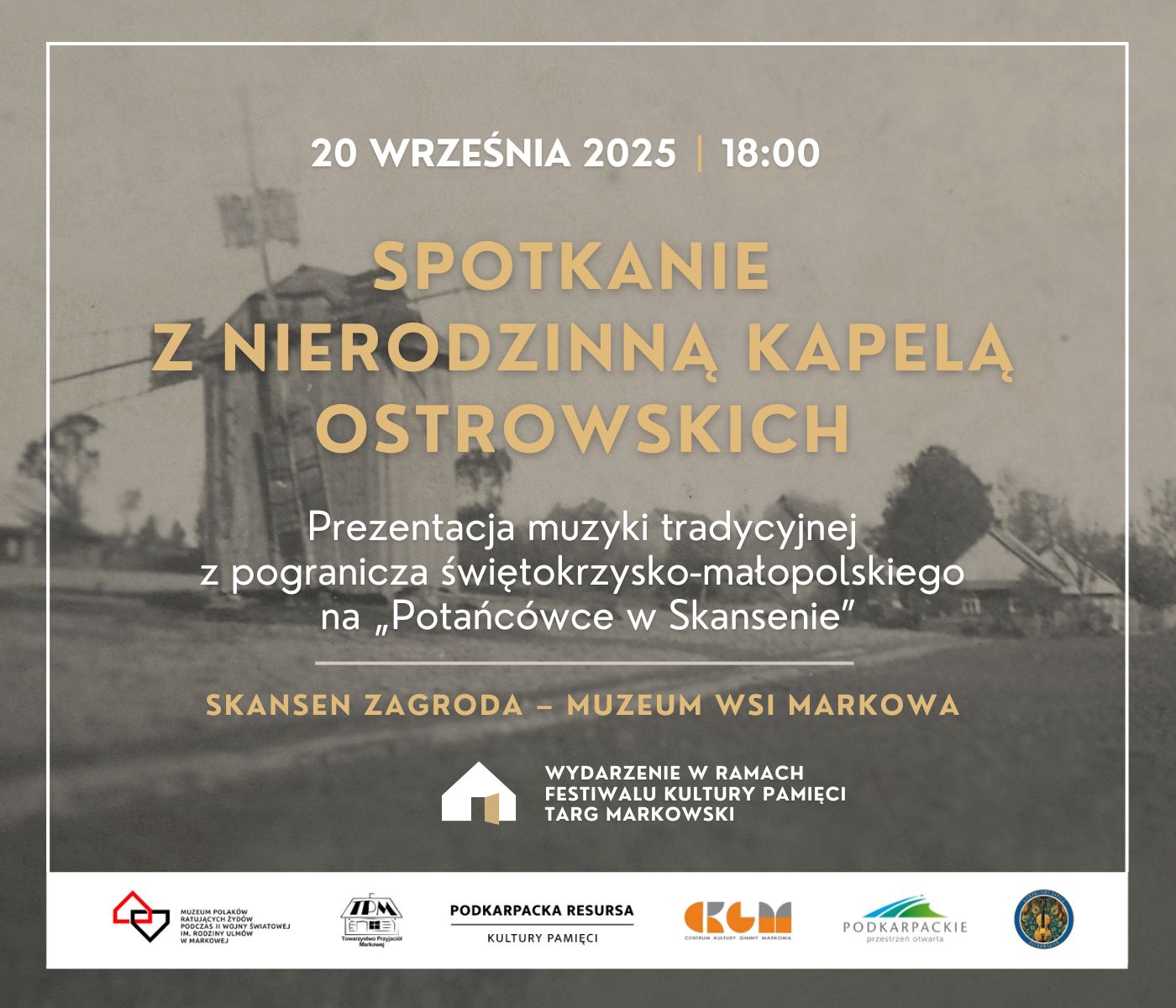Plakat informujący o spotkaniu z Nierodzinną Kapelą Ostrowskich w dniu 20 września 2025 r. o godz. 18:00.