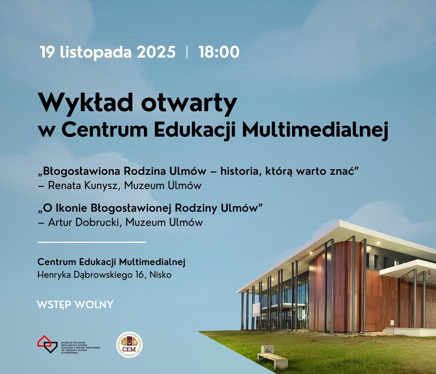 Plakat informujący o wykładzie otwartym w Centrum Edukacji Multimedialnej 19 listopada 2025 r. o godz. 18.00.